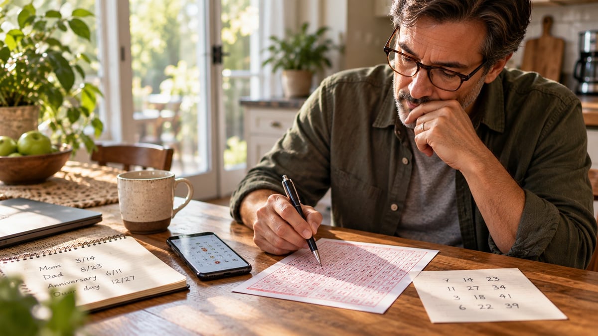 Man wearing glasses writing on papers at wooden desk with coffee mug and smartphone, plants visible in bright home office