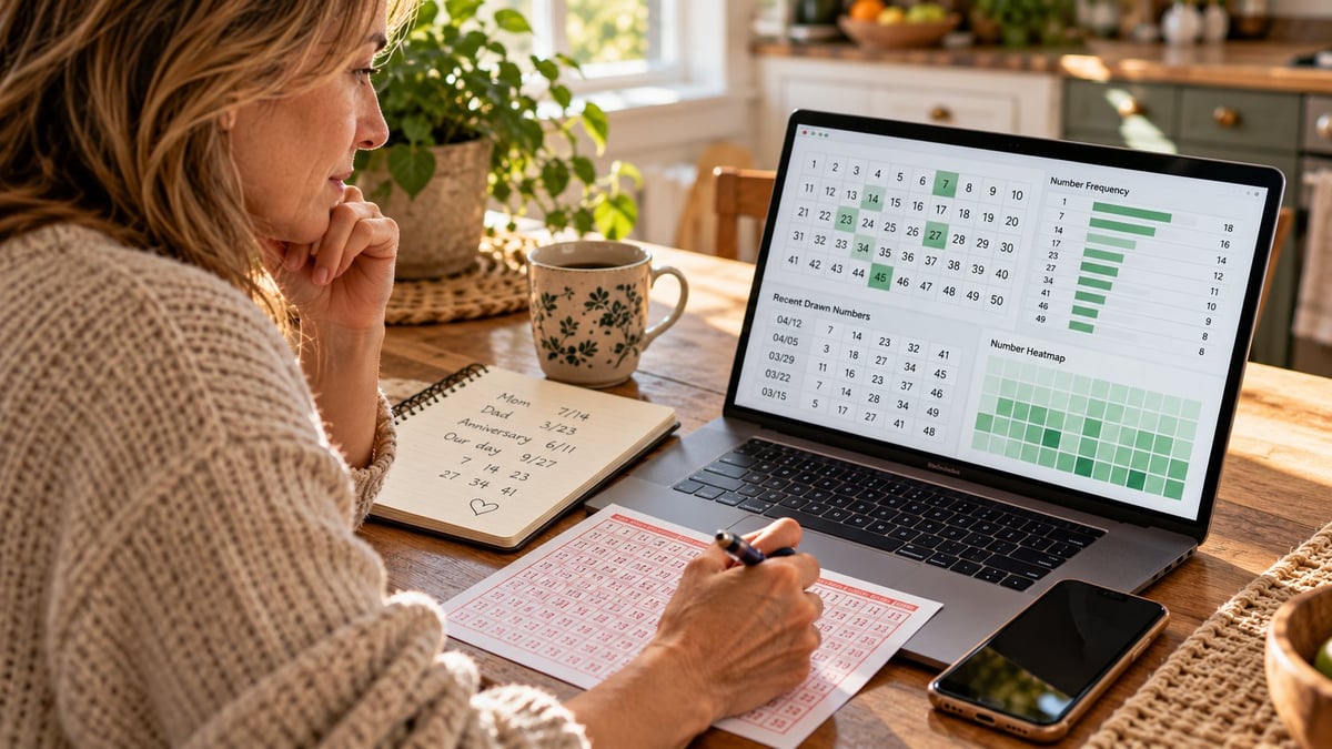 Woman at desk reviewing calendar and spreadsheet data on laptop while taking notes on pink paper
